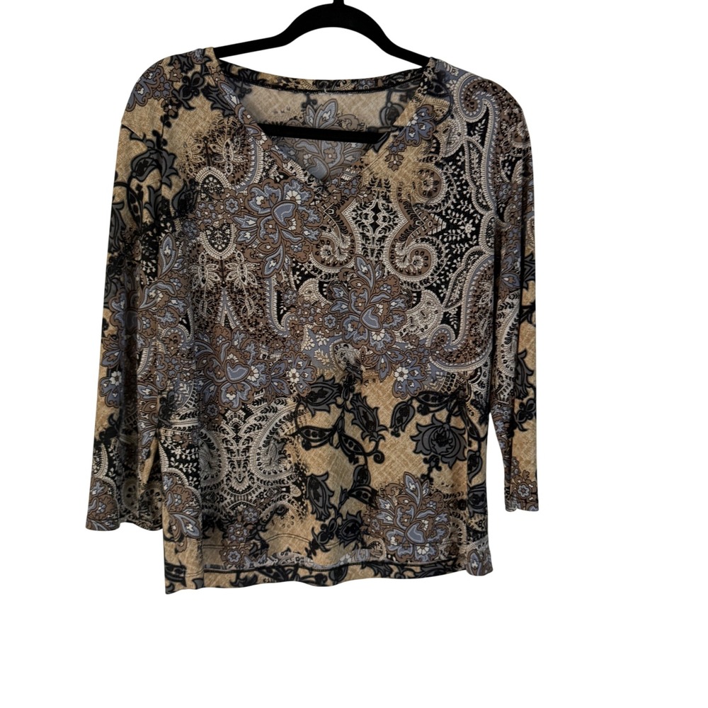 Y2k Blue Brown Paisley Print 3/4 Sleeve Top Blouse Shirt M Western Boho Grunge